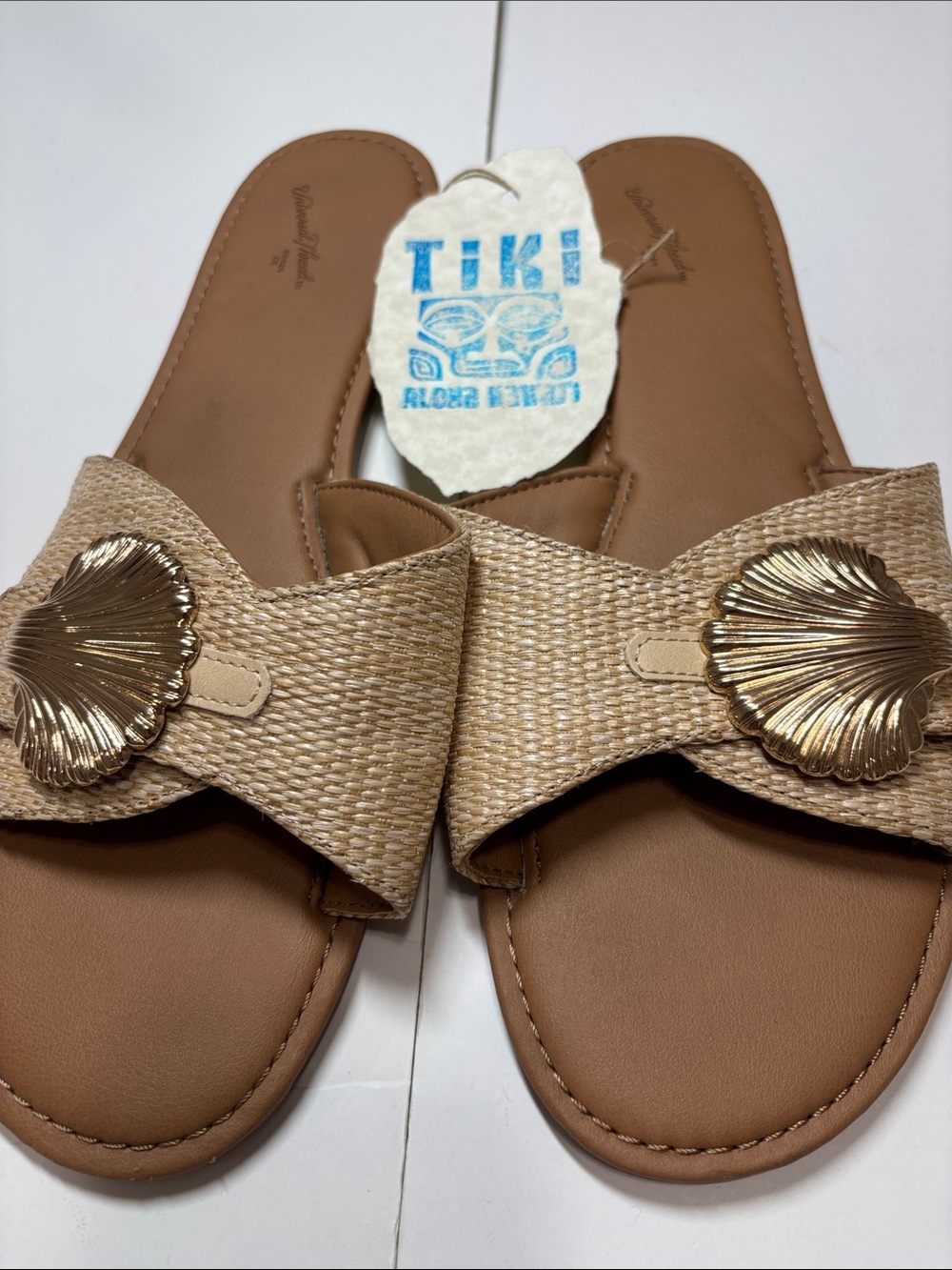 Raffia and Gold Shell Slide Sandals Women’s 12